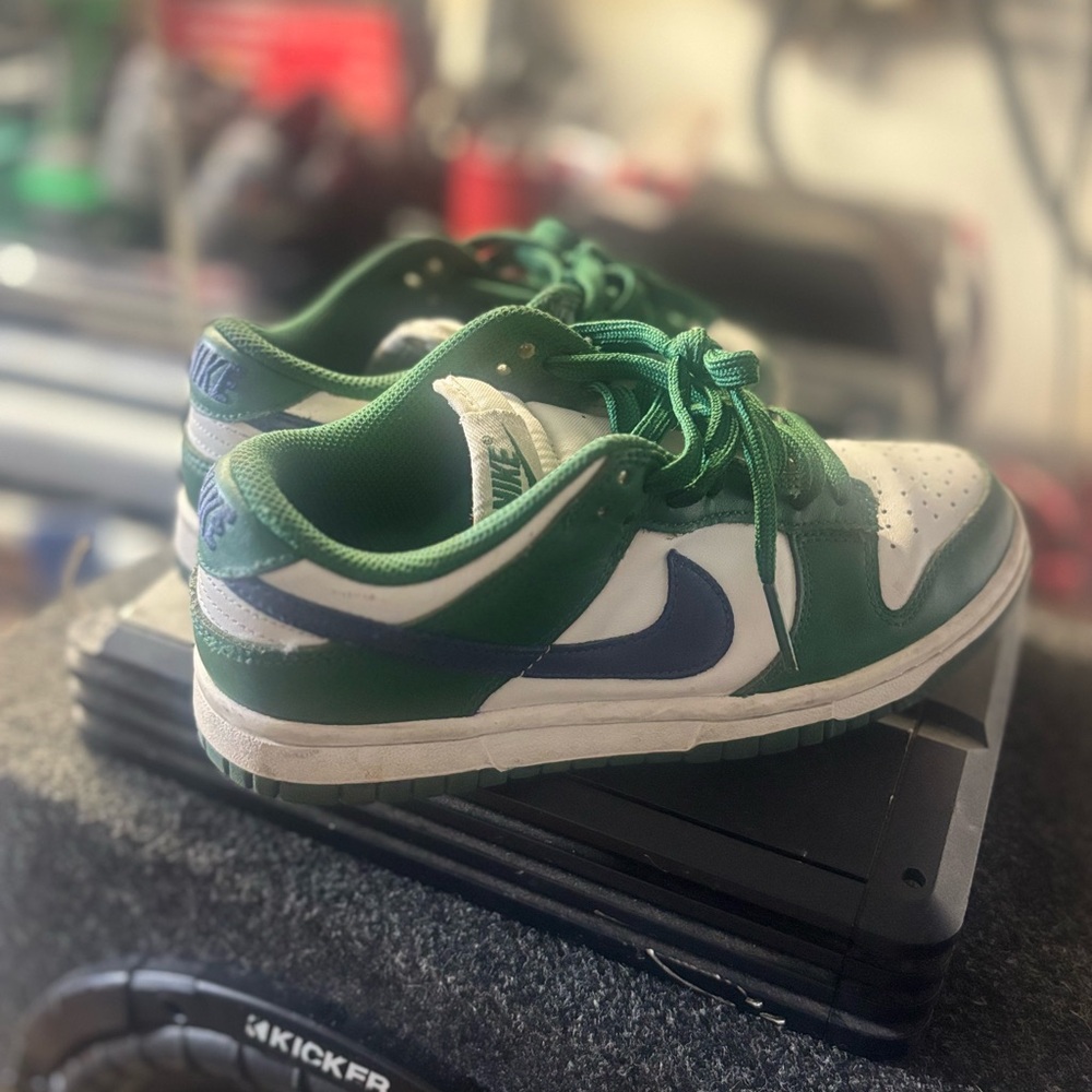Nike Green and White Sneakers with Blue Swoosh